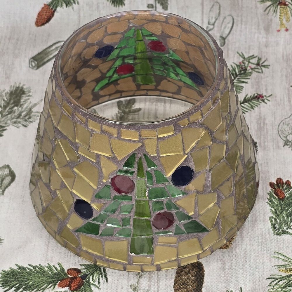 Home Interiors Mosaic Jar Candle Shade‎ Topper Vintage Glass Christmas Tree Gold